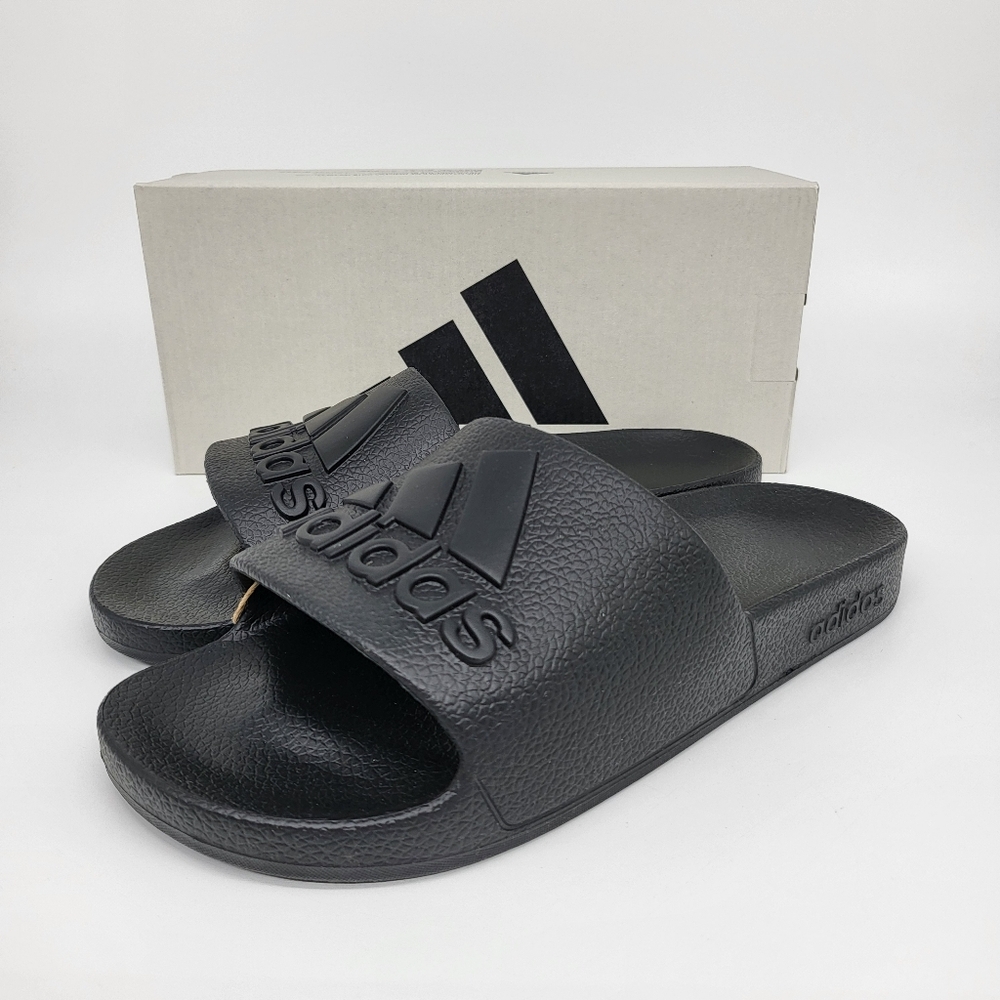 New adidas Adilette Aqua Slides Core Black Logo Men's Size 10
